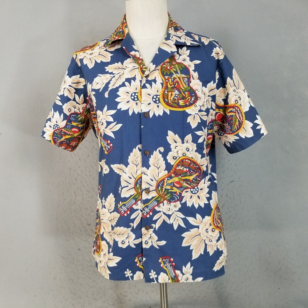 Hilo Hattie Button Down Mens L Blue Ukulele Hawaii Aloha Camp Shirt 100%‎ Cotton